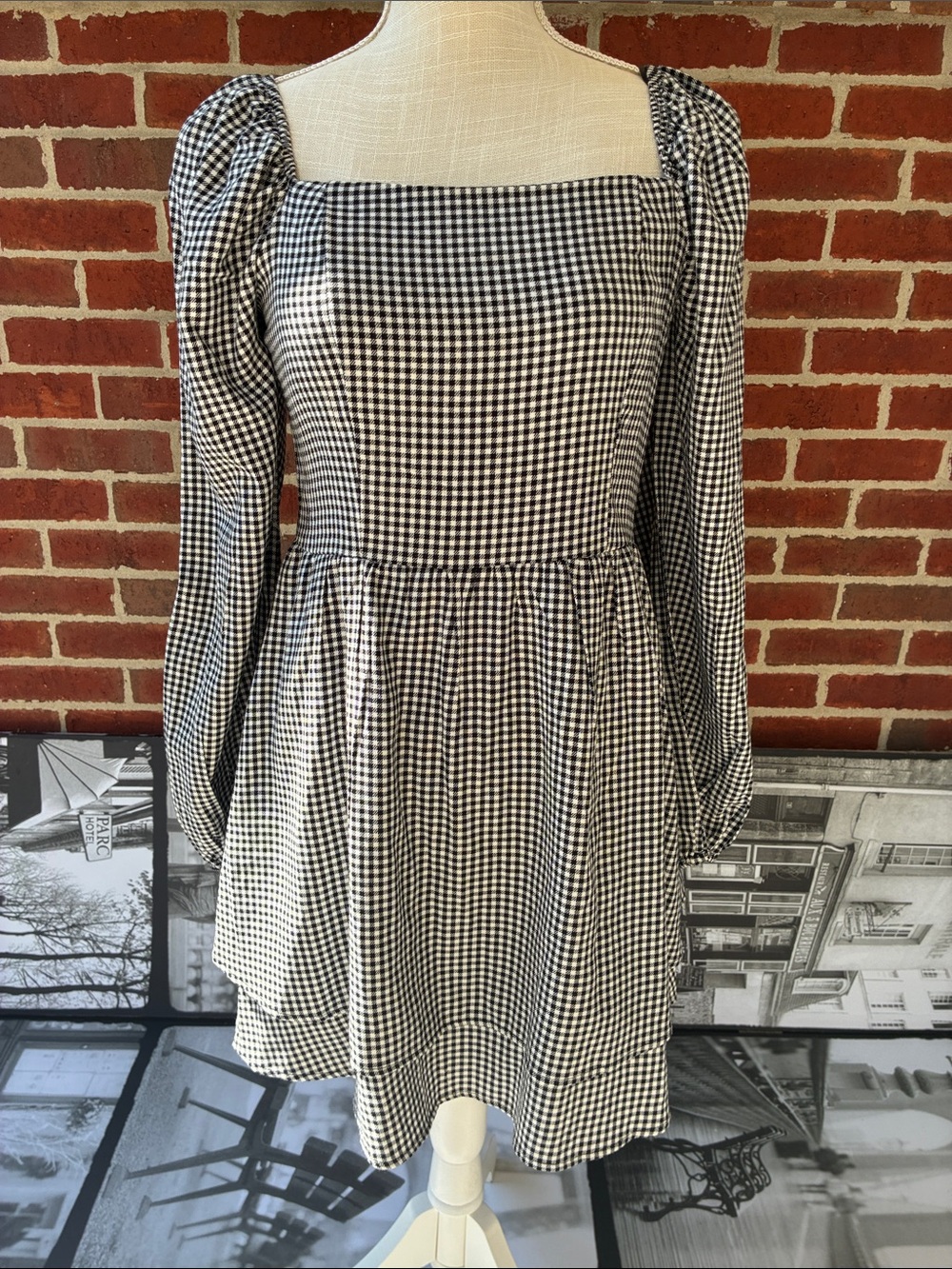 Juniors Copper Key Black & White Gingham Square-Neck Mini Dress